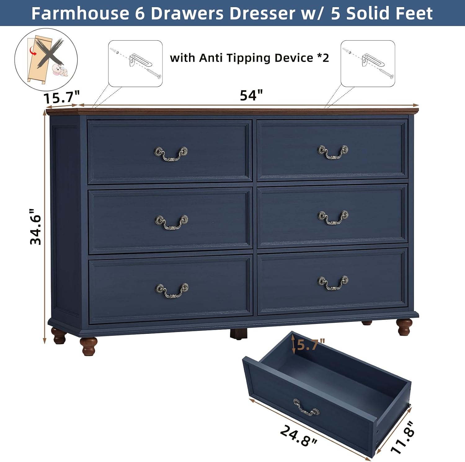 Joaxswe Farmhouse 6 Drawers Dresser for Bedroom, Vintage 54' Wide Chest of Drawers w/ 4 Wooden Legs, Rustic Large Closet Storage Dressers Organizer for Hallway, Wood TV Stand for Living Room, Blue