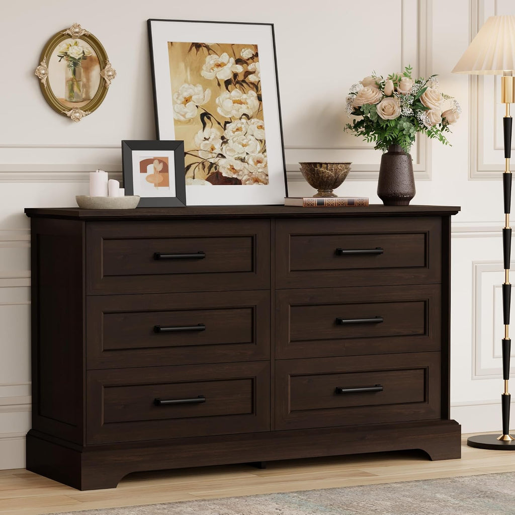 Furmax Farmhouse Dresser for Bedroom, 6 Drawers Dresser, Wood Chest of Drawers, 47.2' Wide Storage Dressers Organizer for Bedroom, Living Room, Dark Brown
