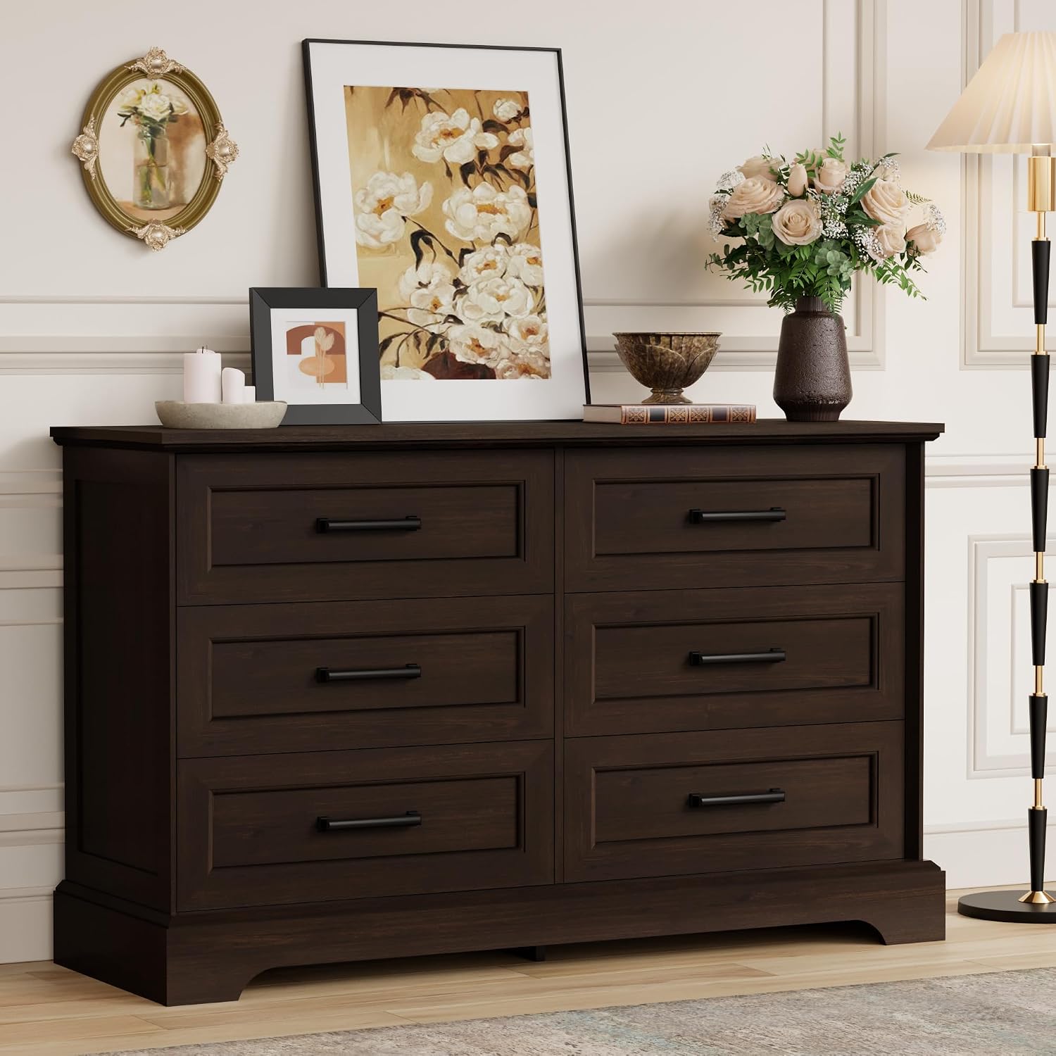 Furmax Farmhouse Dresser for Bedroom, 6 Drawers Dresser, Wood Chest of Drawers, 47.2' Wide Storage Dressers Organizer for Bedroom, Living Room, Dark Brown