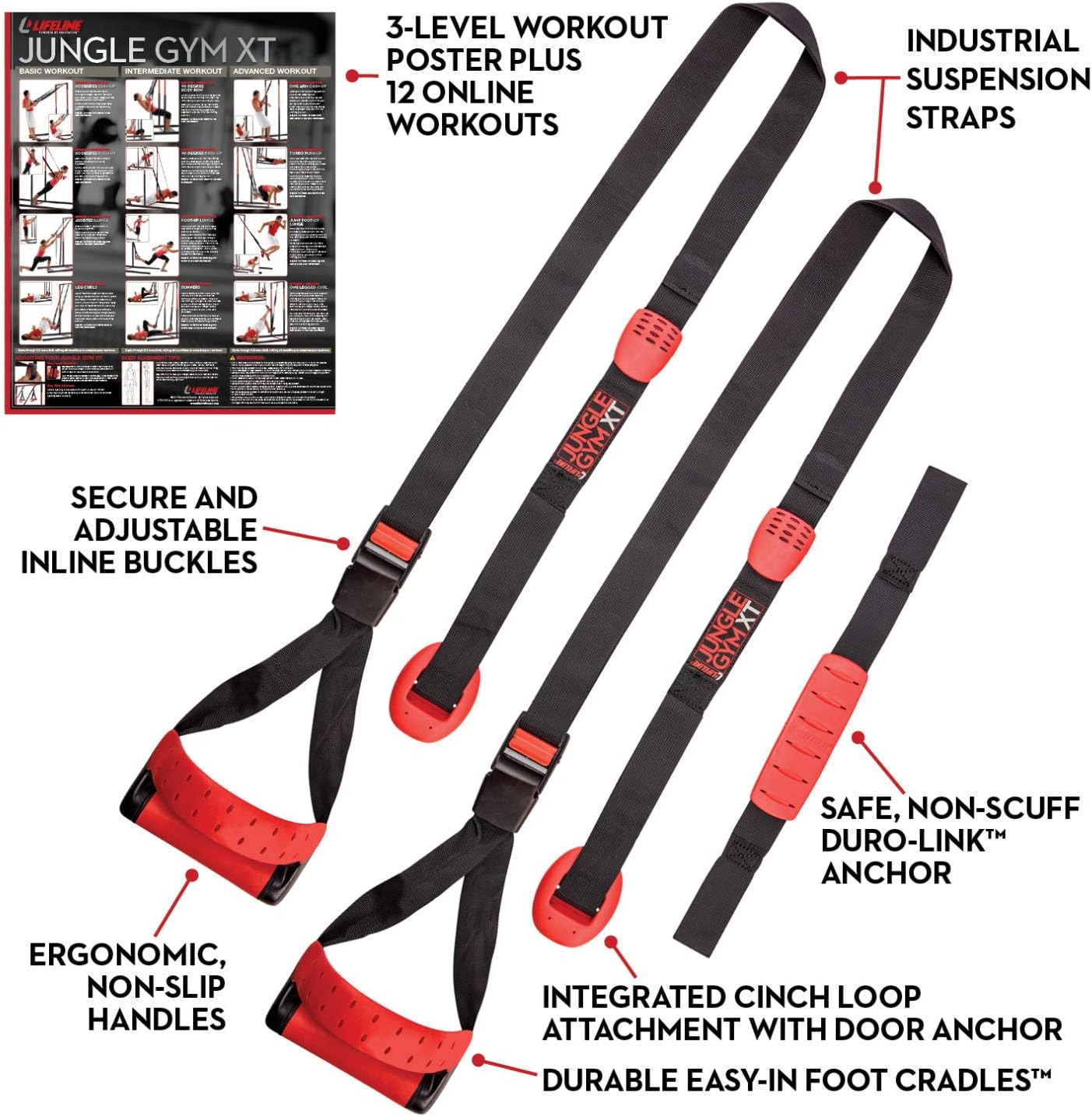 Lifeline Jungle Gym XT Body Weight Suspension Trainer System – Patented Split Anchor, Full-Body Workout, Lightweight Home Suspension Training Kit for Home Gym, Workout Equipment