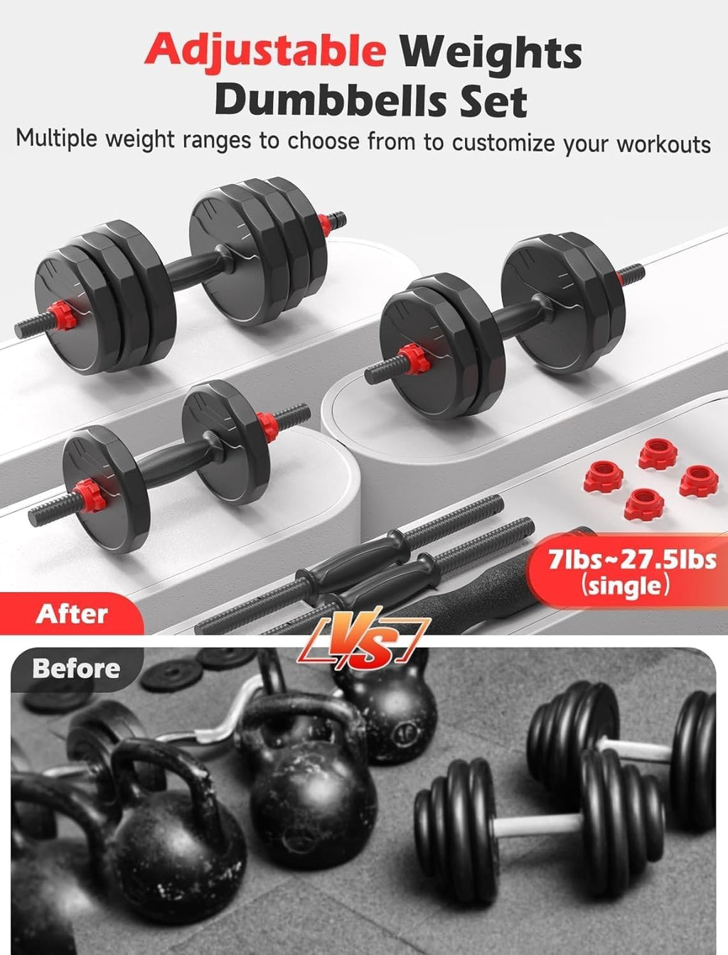 UKEEP Adjustable Dumbbells Set, 20/30/40/55/60/80lbs Free Weight Set with Connector, 2 or 3 in 1 Dumbbells Set Used as Barbell, Kettlebells, Fitness Exercises for Home Gym Suitable Men/Women