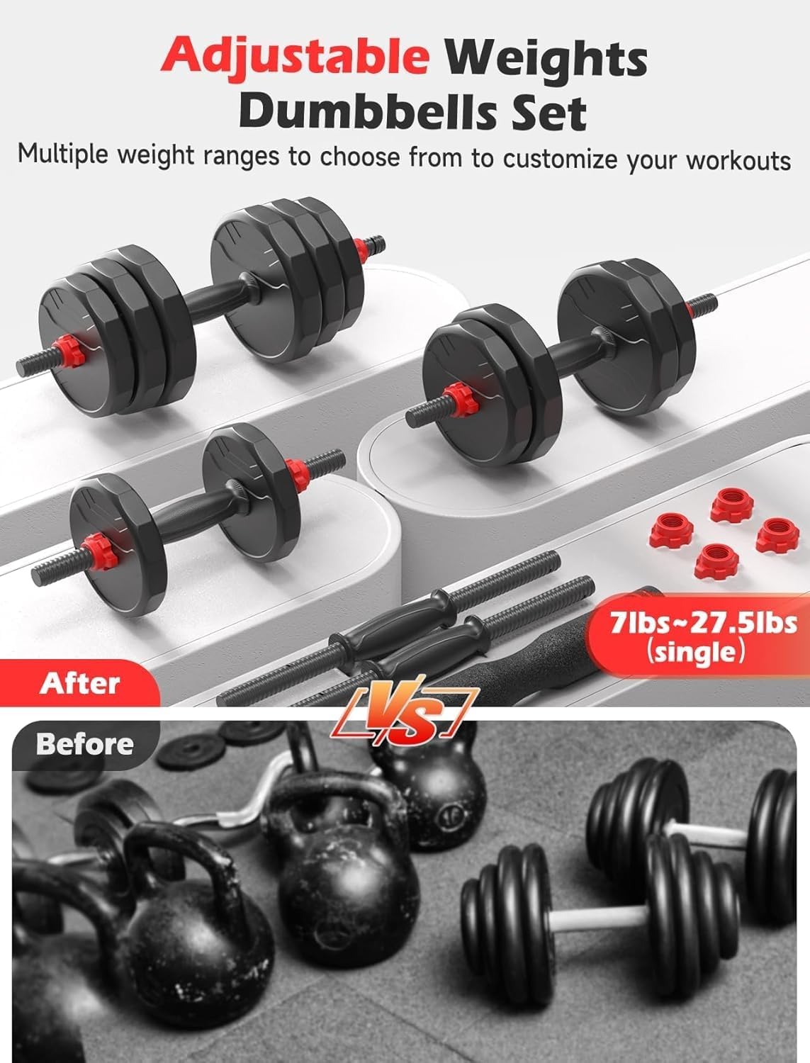 UKEEP Adjustable Dumbbells Set, 20/30/40/55/60/80lbs Free Weight Set with Connector, 2 or 3 in 1 Dumbbells Set Used as Barbell, Kettlebells, Fitness Exercises for Home Gym Suitable Men/Women
