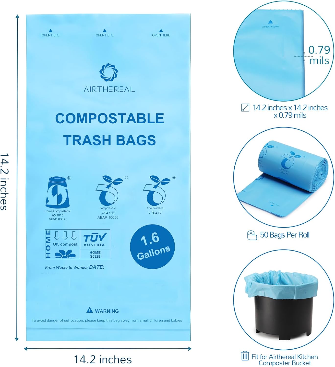 Airthereal Bundle | Revive Electric Kitchen Composter (Grey) and 3-Pack Compostable Trash Bags (1.6 Gallon, 150 Count, Blue) - Turn Food Waste and Scraps into Dry Compost Fertilizer