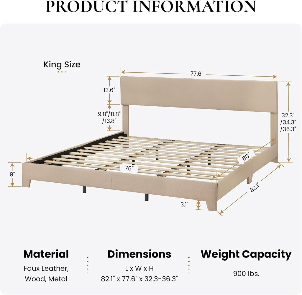 SHA CERLIN Upholstered King Size Bed Frame with Adjustable Headboard, Stable Mattress Foundation, Strong Back-Support, No Box Spring Needed, Beige