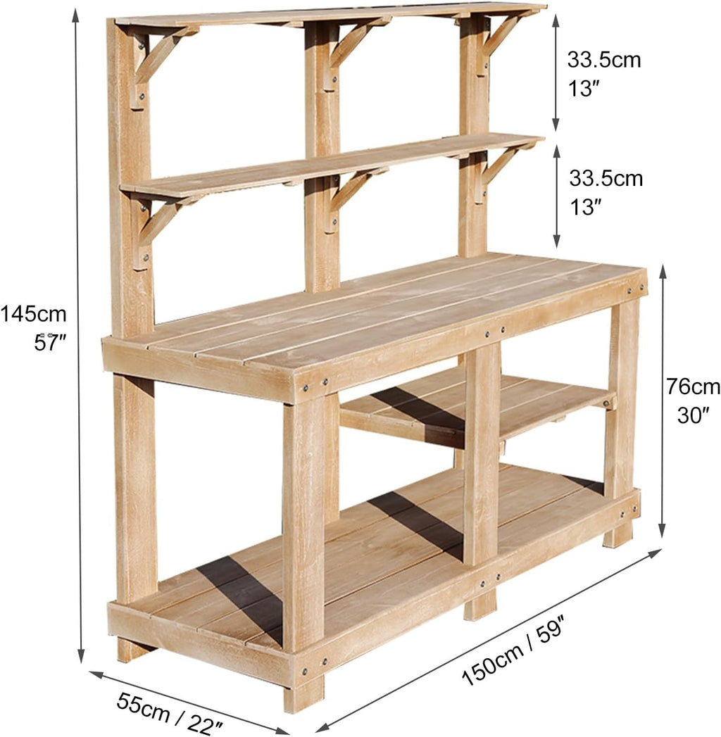 Outdoor Potting Bench Table, Large Horticulture Work Table with Storage Shelf, Wooden Potting Table for Garden Patio Backyard (Color : Natural)