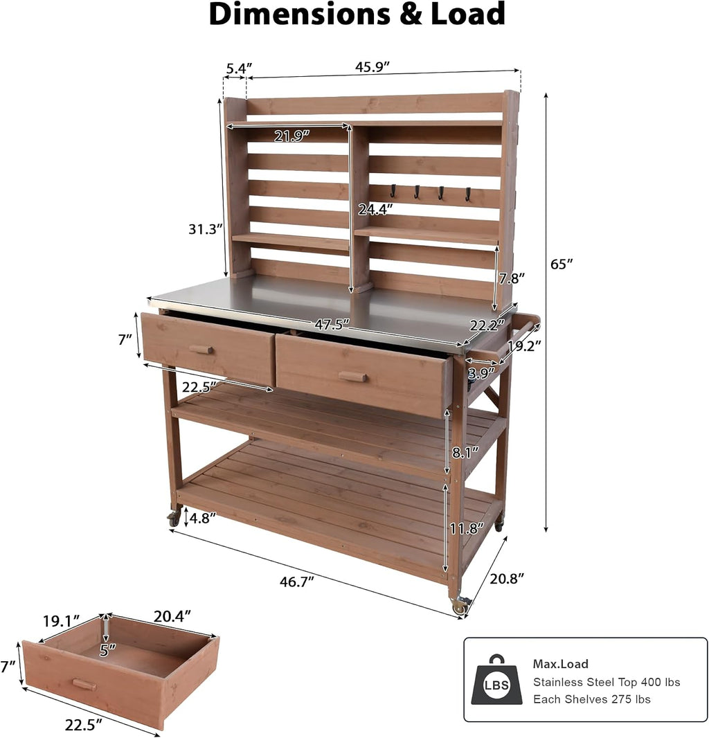 Harper & Bright Designs Outdoor Potting Bench Table, Solid Wood Kitchen Island with Drawer and Shelf, Lawn Garden, 64.9' H, Brown