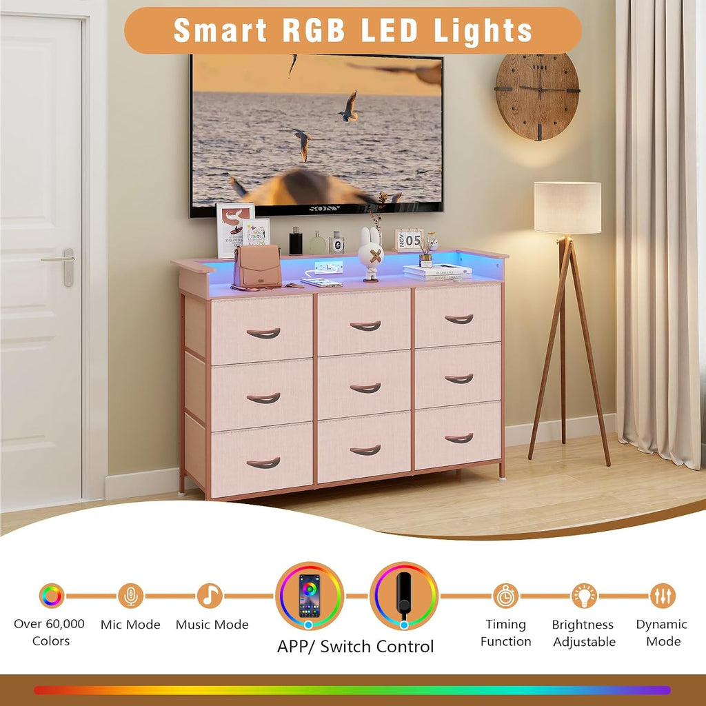EXOTICA Pink Dresser with LED Light for Girls Bedroom 9 Drawer Dressers with Charging Station Chests of Drawers for Living Room Entryway Closet Hallway Sturdy Steel Frame Wooden Top Easy Pull Handle