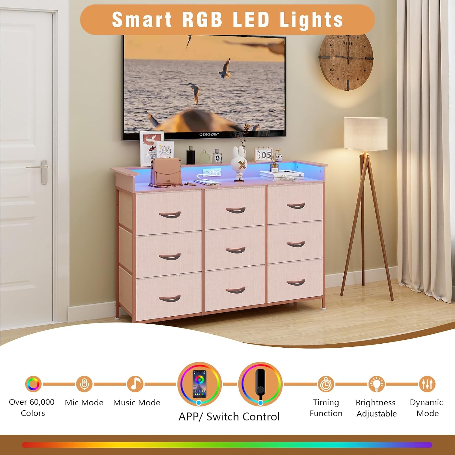 EXOTICA Pink Dresser with LED Light for Girls Bedroom 9 Drawer Dressers with Charging Station Chests of Drawers for Living Room Entryway Closet Hallway Sturdy Steel Frame Wooden Top Easy Pull Handle