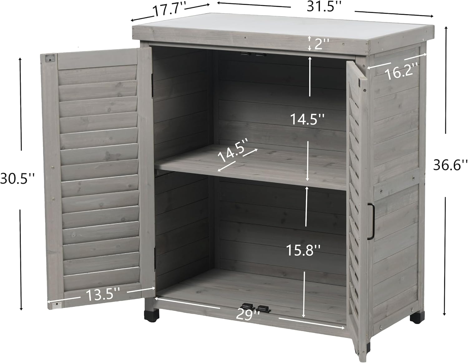 Potting Bench with Storage Cabinet and Metal Table Top for Outdoor Patio, GFurniture Wood Workstation Grey 31.5x17x36''