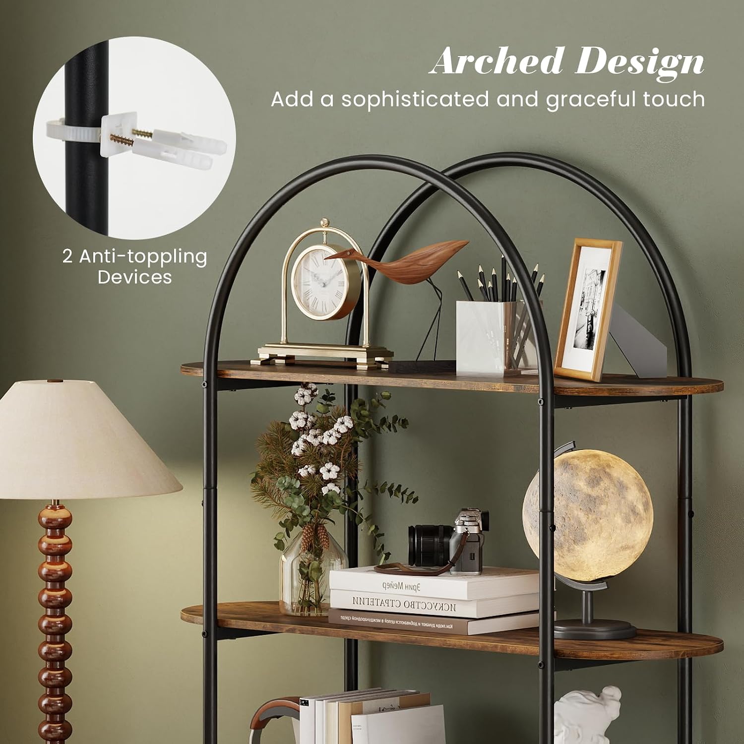 Giantex Arched Bookshelves Set of 2, 4-Tier Industrial Open Bookcase with Sturdy Metal Frame, Freestanding Display Storage Organizer for Living Room, Home Office and Bedroom, Rustic Brown