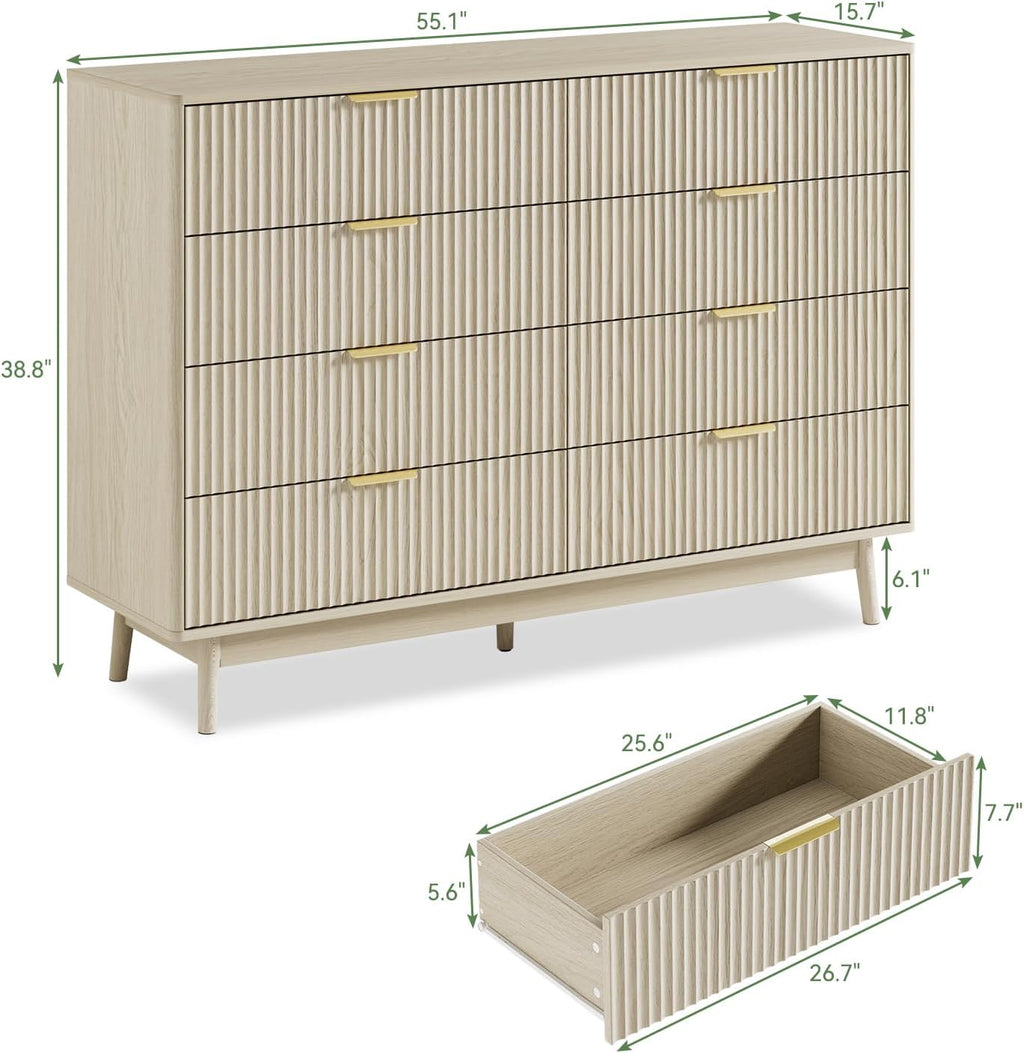 LYNSOM Fluted 8 Drawer Dresser for Bedroom, 55' Wide Modern Chest of Drawers with Curved Profile Design and Metal Handles, Wood Dresser TV Stand & Storage Organizer for Bedroom, Hallway, Beige