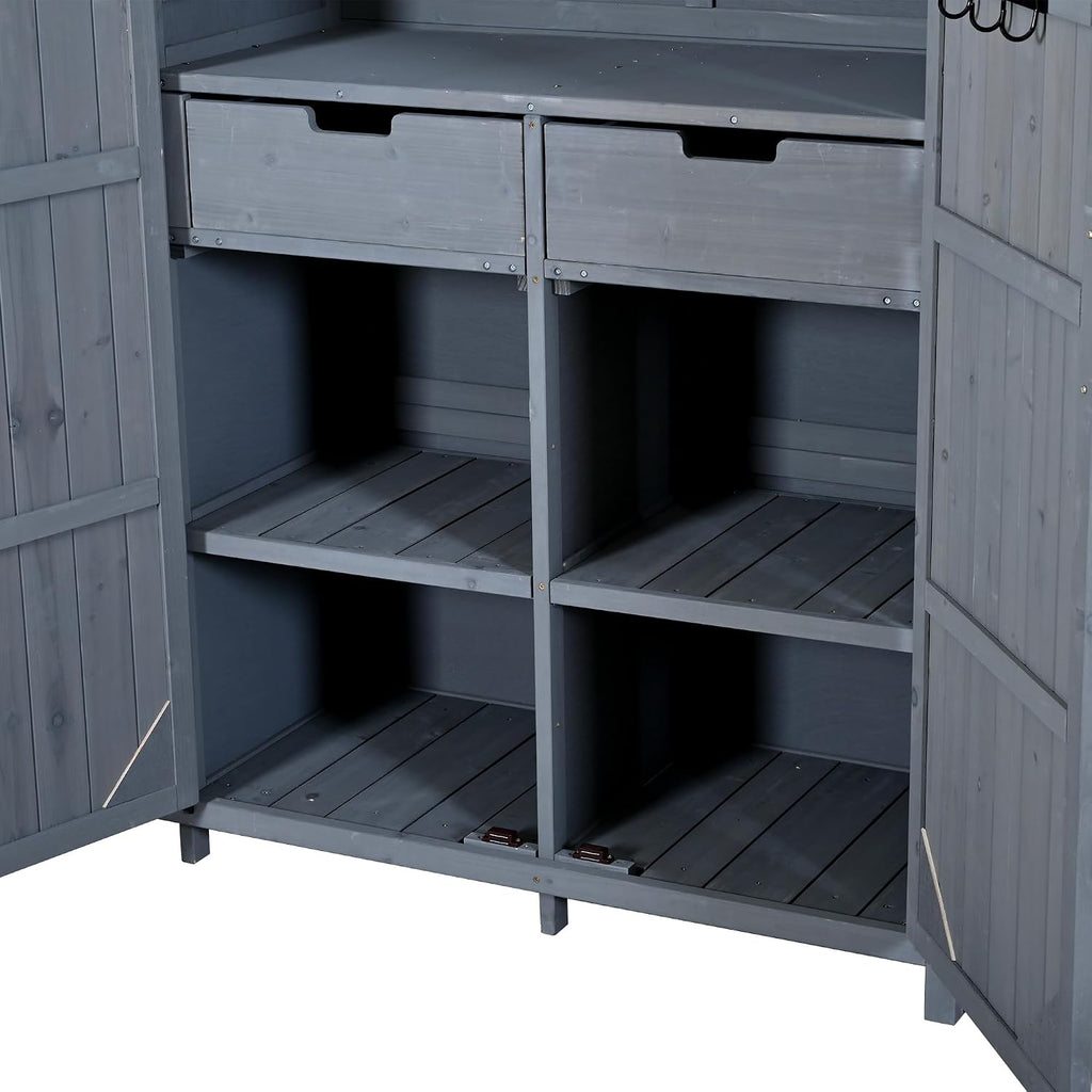 Outdoor Storage Shed with Potting Bench, 60.6' Fir Wood Cabinet for Garden Tools, Adjustable Shelves Drawers & Safety Anti-Tip Design, Gray