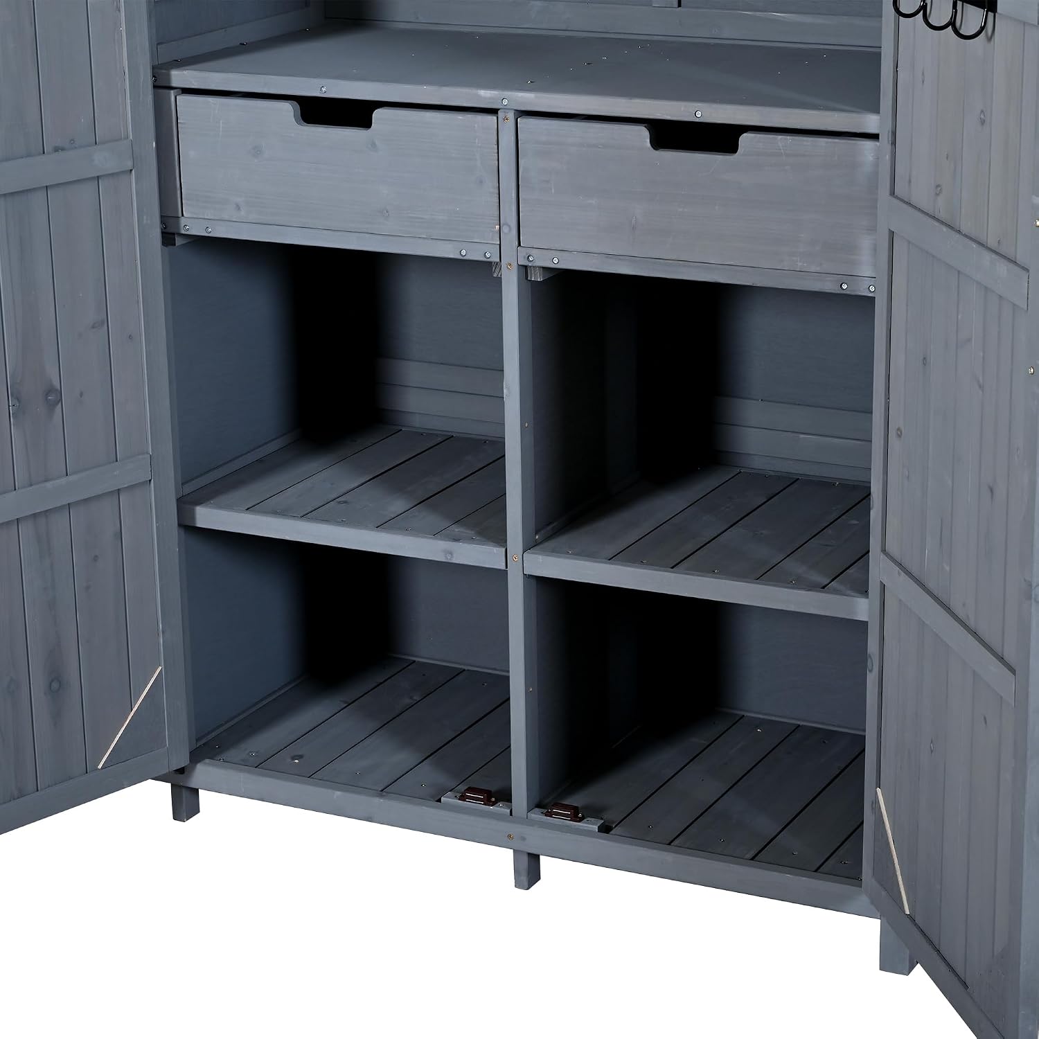 Outdoor Storage Shed with Potting Bench, 60.6' Fir Wood Cabinet for Garden Tools, Adjustable Shelves Drawers & Safety Anti-Tip Design, Gray