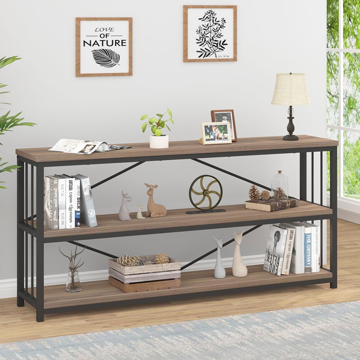 IBF Industrial 3 Tier Bookshelf, Rustic Low Wood and Metal Book Shelf, Farmhouse Long Wide Open Horizontal Bookcase, Modern Large Vintage Etagere for Home Office Bedroom Living Room, Rustic Oak, 63 In