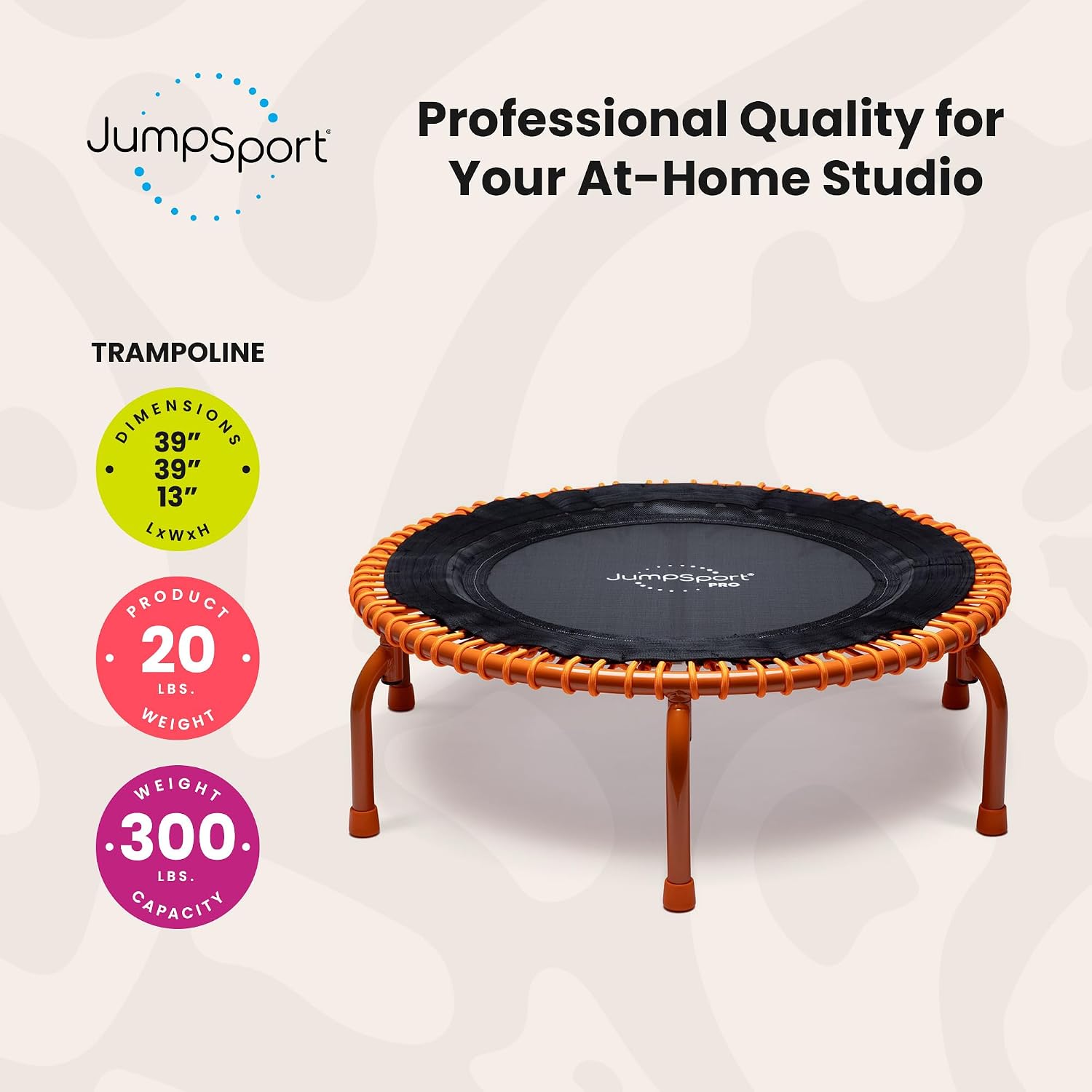 JumpSport 350 PRO 39 Inch Fitness Trampoline Indoor Rebounder Cardio Workout Equipment 300 lb Capacity