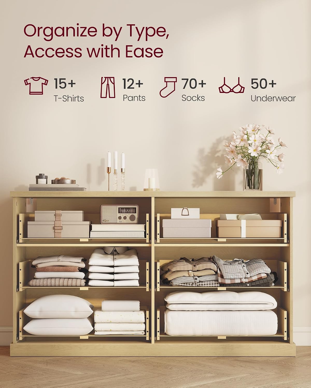 VASAGLE MAXE Collection - 6-Drawer Double Dresser for Bedroom, 54.2-Inch Wide Chest of Drawers, Fluted Panels, Mid Century Modern Storage Dresser, TV Stand for Living Room, Oak Beige ULTS662YC01S