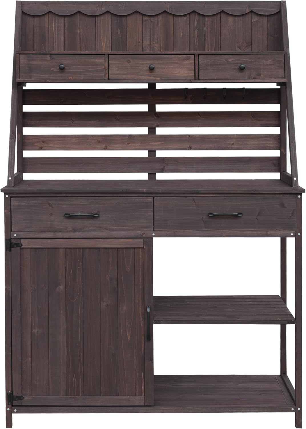 Outdoor Farmhouse Fir Wood Potting Bench Table,5-Drawer Garden Workstation with Slatted Back Panel & Storage Cabinet for Backyard, Mudroom
