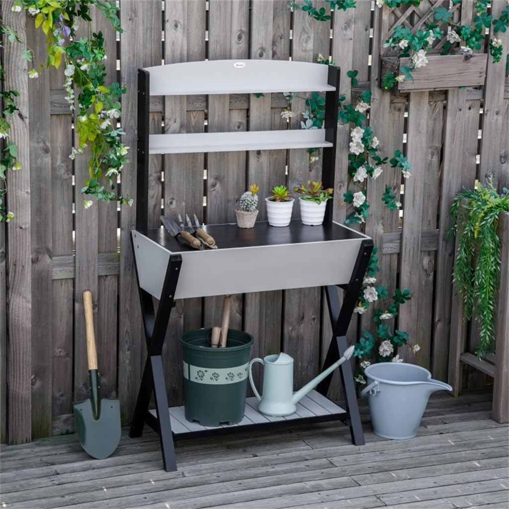 Potting Bench Table Garden Workstation with Hidden Storage Box and Shelves for Outdoor Backyard Gardens