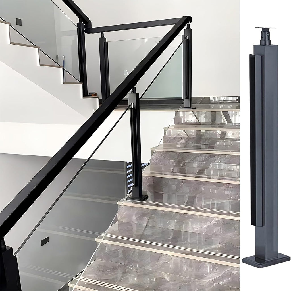Stairs Railing Post for Square Handrail, Glass Railing Post System for 10mm 12mm Toughened Glass, Stair Landing Entryway Gate Glass Black Railing Posts(Black End Post,65cm/25.5in)
