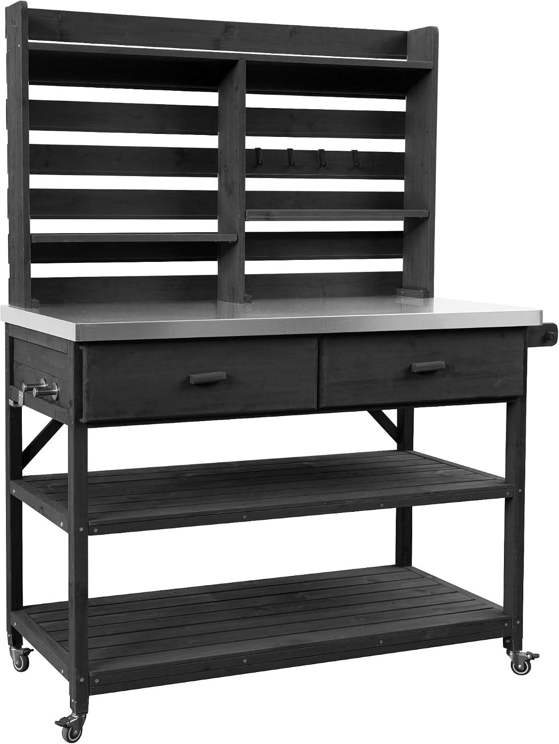 Harper & Bright Designs Outdoor Potting Bench Table, Solid Wood Kitchen Island with Drawer and Shelf, Lawn Garden, 64.9' H, Black
