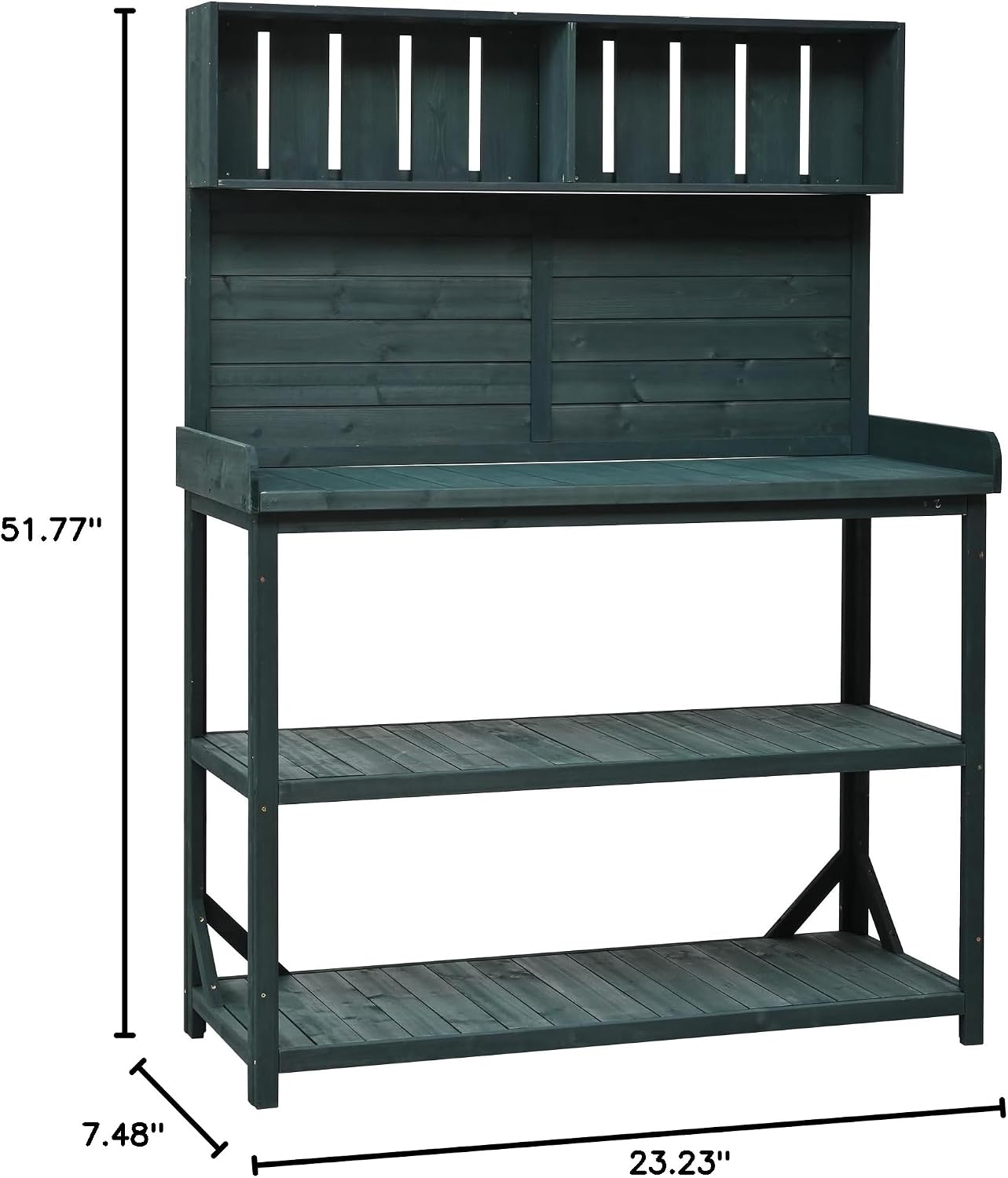 65' Large Wooden Farmhouse Rustic Outdoor Potting Bench Table, Patio Workstation, Garden with 4 Storage Shelves and Side Hook, Forest Green