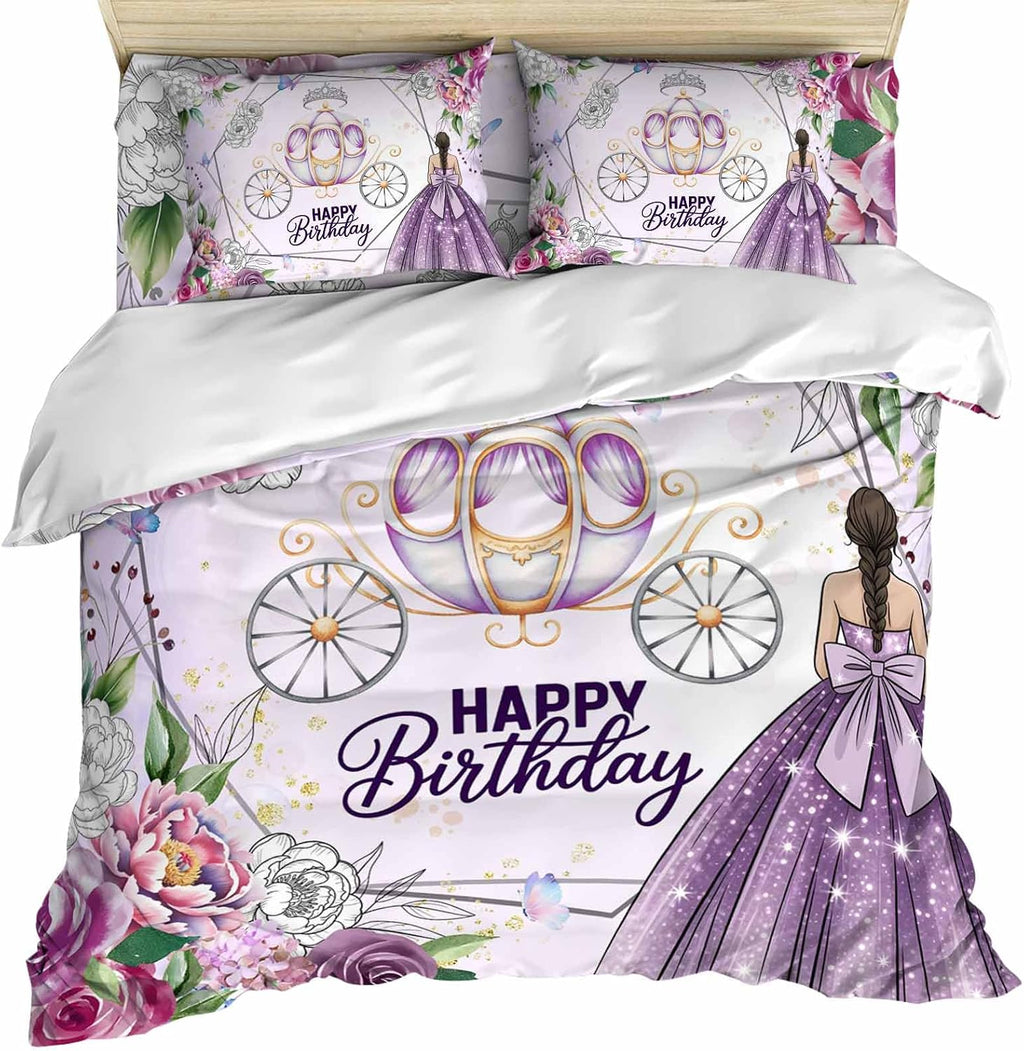 Happy Birthday Duvet Cover Full Size - 4 Pieces Bedding Set, Purple Luxury Dress Crown Carriage Flowers Bedding Comforter Covers Zipper Closure, 1 Duvet Covers 1 Fitted Sheet 2 Pillow Shams
