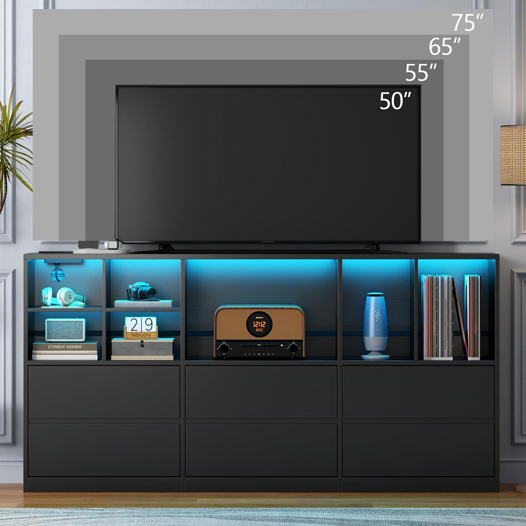Gyfimoie Black Dresser for Bedroom with 6 Drawers, Chest of Drawers with Led Lights&Charging Station, 63' Long Dresser with 7 Open Cubbies, Storage Drawers for Living Room, Closet, Hallway (Black)