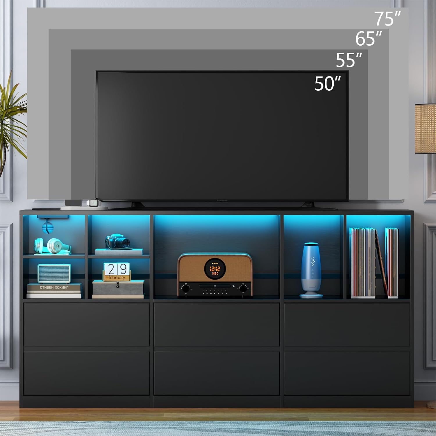 Gyfimoie Black Dresser for Bedroom with 6 Drawers, Chest of Drawers with Led Lights&Charging Station, 63' Long Dresser with 7 Open Cubbies, Storage Drawers for Living Room, Closet, Hallway (Black)