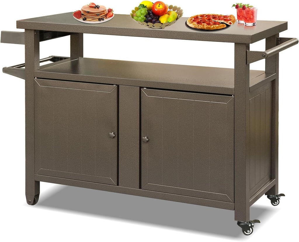 Outdoor Grill Cart with Wheels - BBQ Prep Table with Ample Storage, Perfect for Patio, Kitchen Island & Home Parties, Versatile Use as Dining Cart or Storage Cabinet