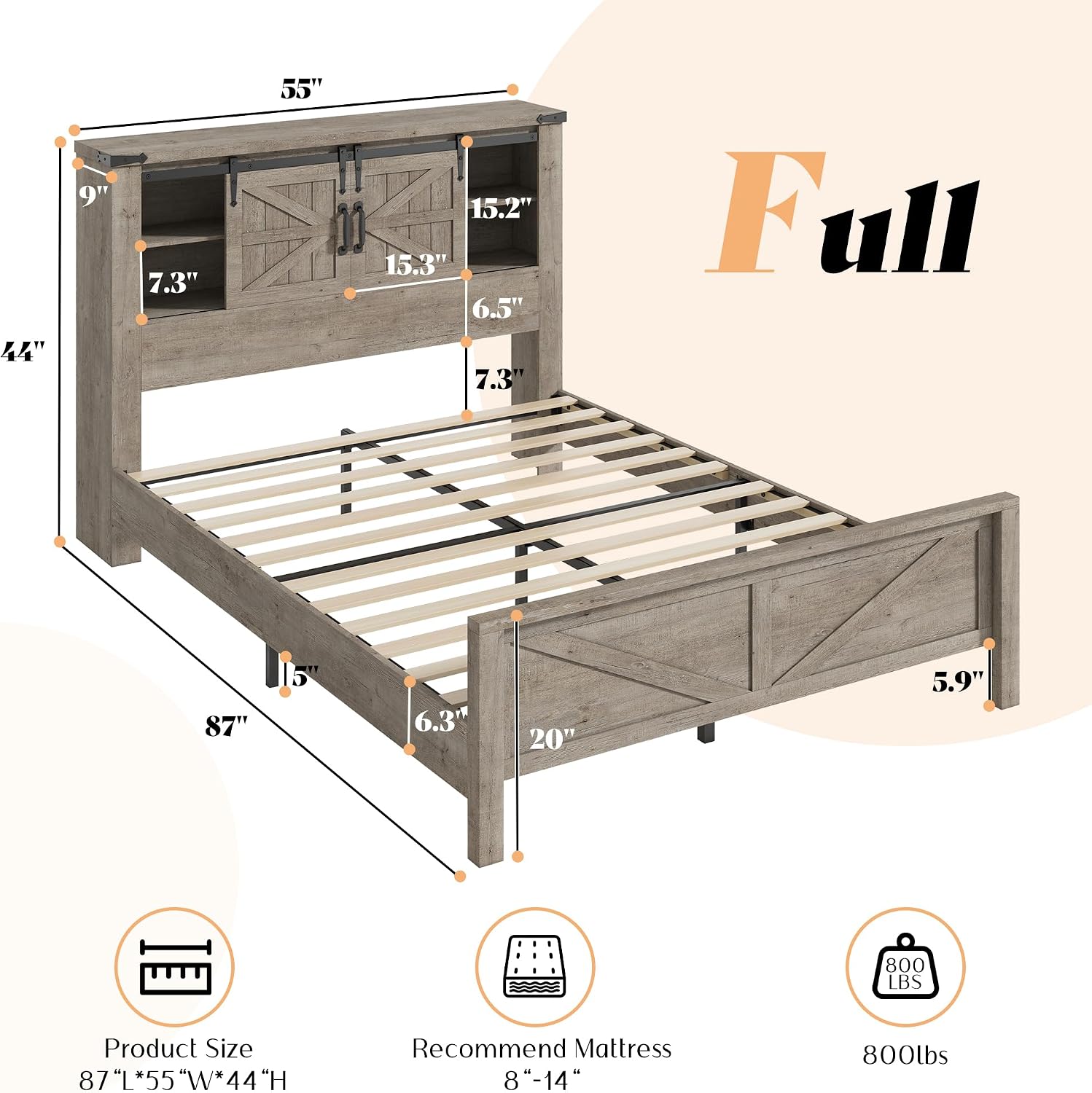 AMERLIFE 4 Pieces Farmhouse Bedroom Set, Includes Full Size Bookcase Headboard Bed Frame, 5 Drawer Tall Dresser, 47'' Dresser with 4 Drawers, 60' Dresser with 4 Drawers, Light Rustic Oak
