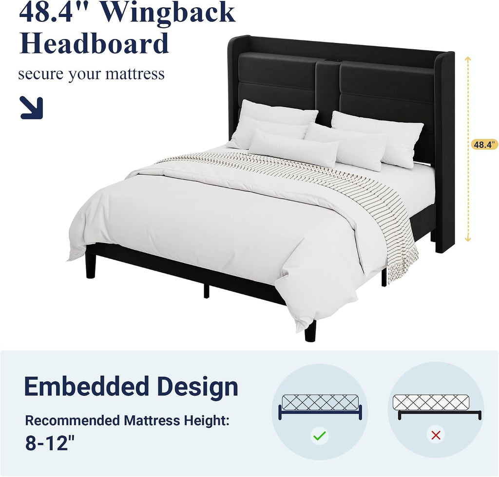 Allewie Full Size Platform Bed Frame with Charging Station & Storage Headboard, Upholstered Velvet Wingback Design & USB Port, Strong Wooden Slats Support, No Box Spring Needed, Easy Assembly, Black