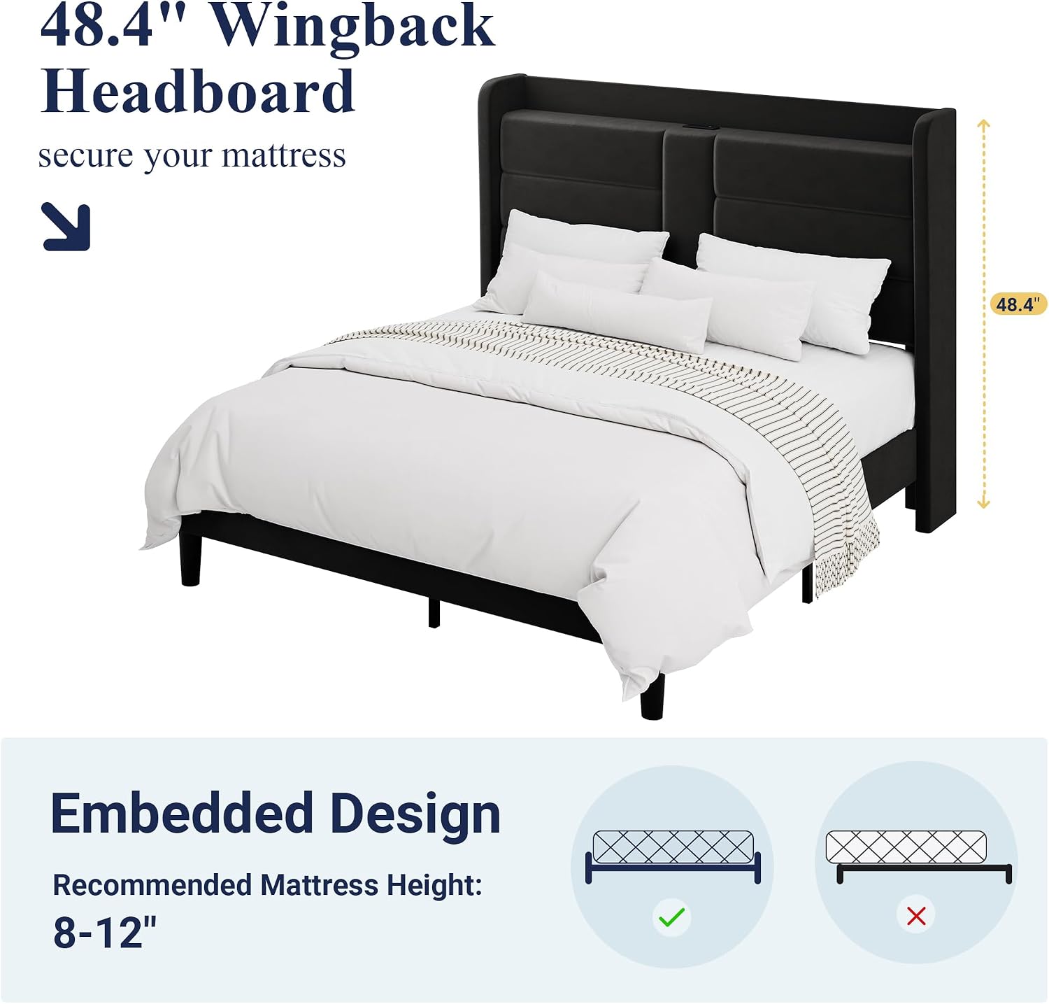 Allewie Queen Size Platform Bed Frame with Charging Station & Storage Headboard, Upholstered Velvet Wingback Design & USB Port, Strong Wooden Slats Support, No Box Spring Needed, Easy Assembly, Black