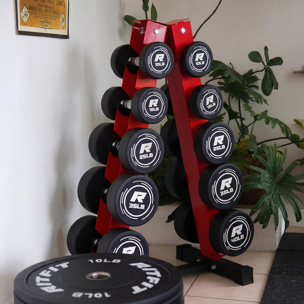 RitFit 5-250 LBS PVC Encased Round Dumbbell sets with Knurled Handle and Optional Rack, Strength Training Equipment for Home Gym