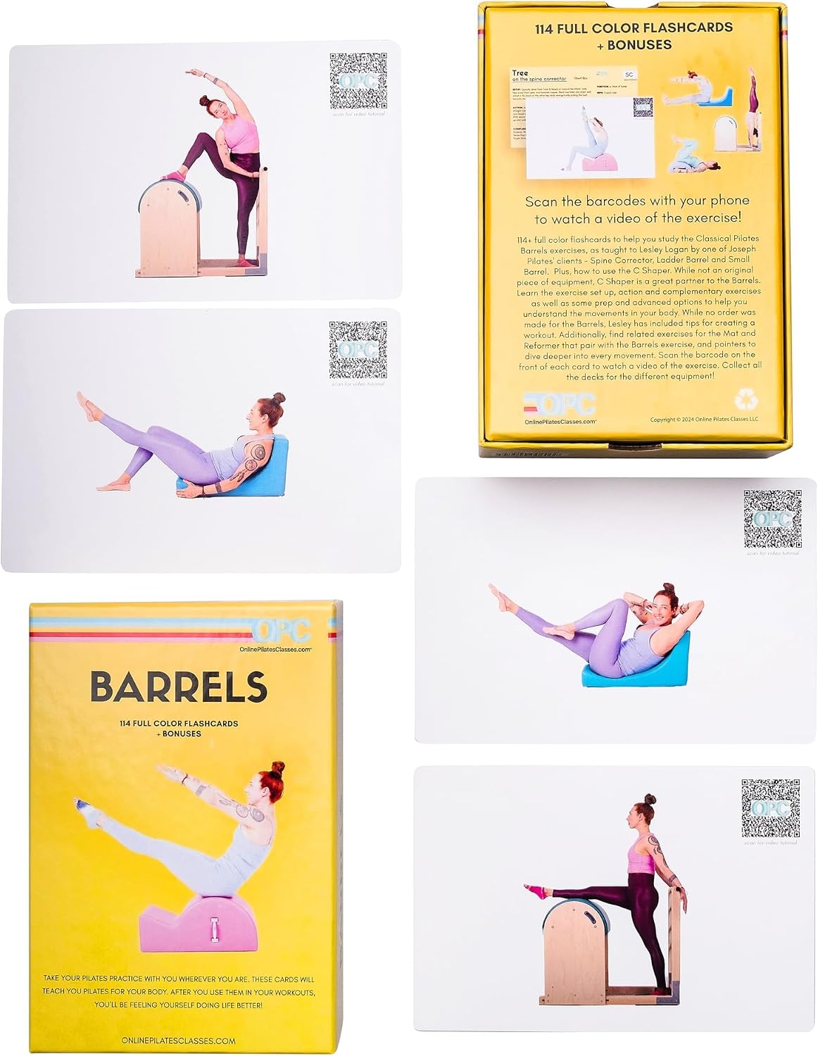 OnlinePilatesClasses Pilates Barrels Flashcards, Deck Cards Set with Video Tutorial for Spine Corrector, Ladder Barrel, Small Barrel & C-Shaper Exercise, Home Gym Workout, Barrel Arc Not Included
