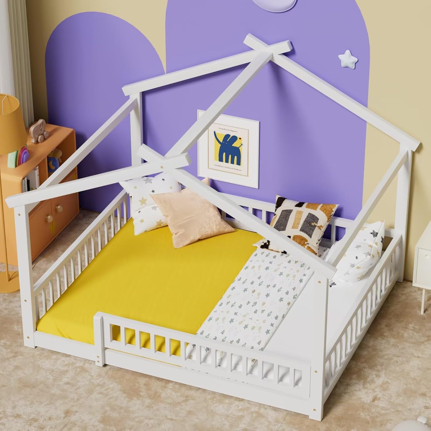 LLS Queen House Floor Bed Frame with Fence, Wooden Montessori Playhouse Bed with Slats Support for Boys Girls, White