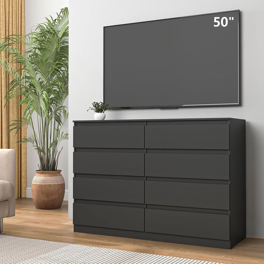 Vibe & Dine Double Dresser 8 Drawer, Modern Wooden Chest of Drawers with Wide Storage for Closet, Bedroom, Living Room, Black