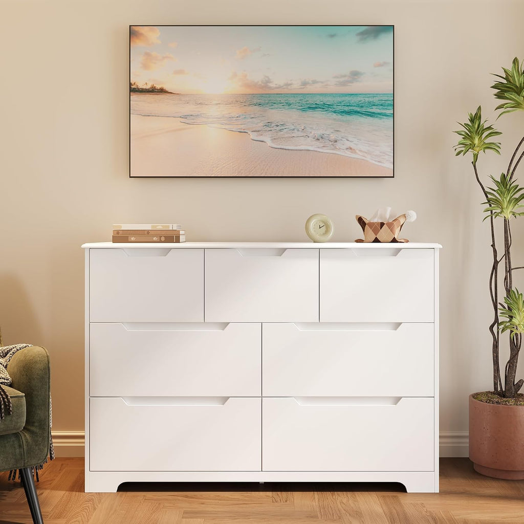 Gizoon 7 Drawer Dresser, 48' Wide White Dresser for Bedroom, Chest of Drawers with Handle Free Design, Modern Storage Organizer for Living Room, Kids Room, Entryway, Hallway, White