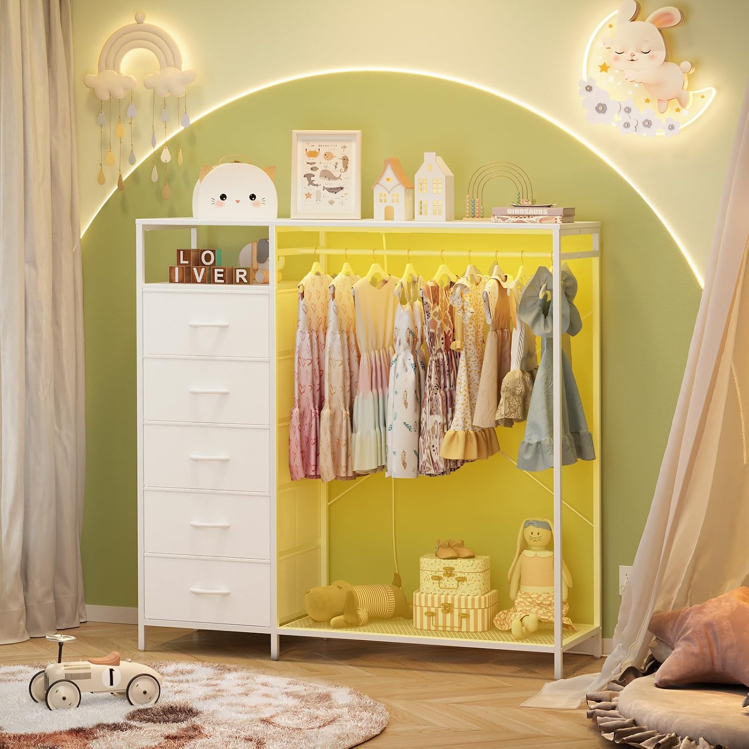 47 Inch White Dresser with LED Lights & Hanging Rack, 5 Drawer Fabric Dresser with Charging Station and Shelves, Tall Closet Organizer for Bedroom Clothes Storage