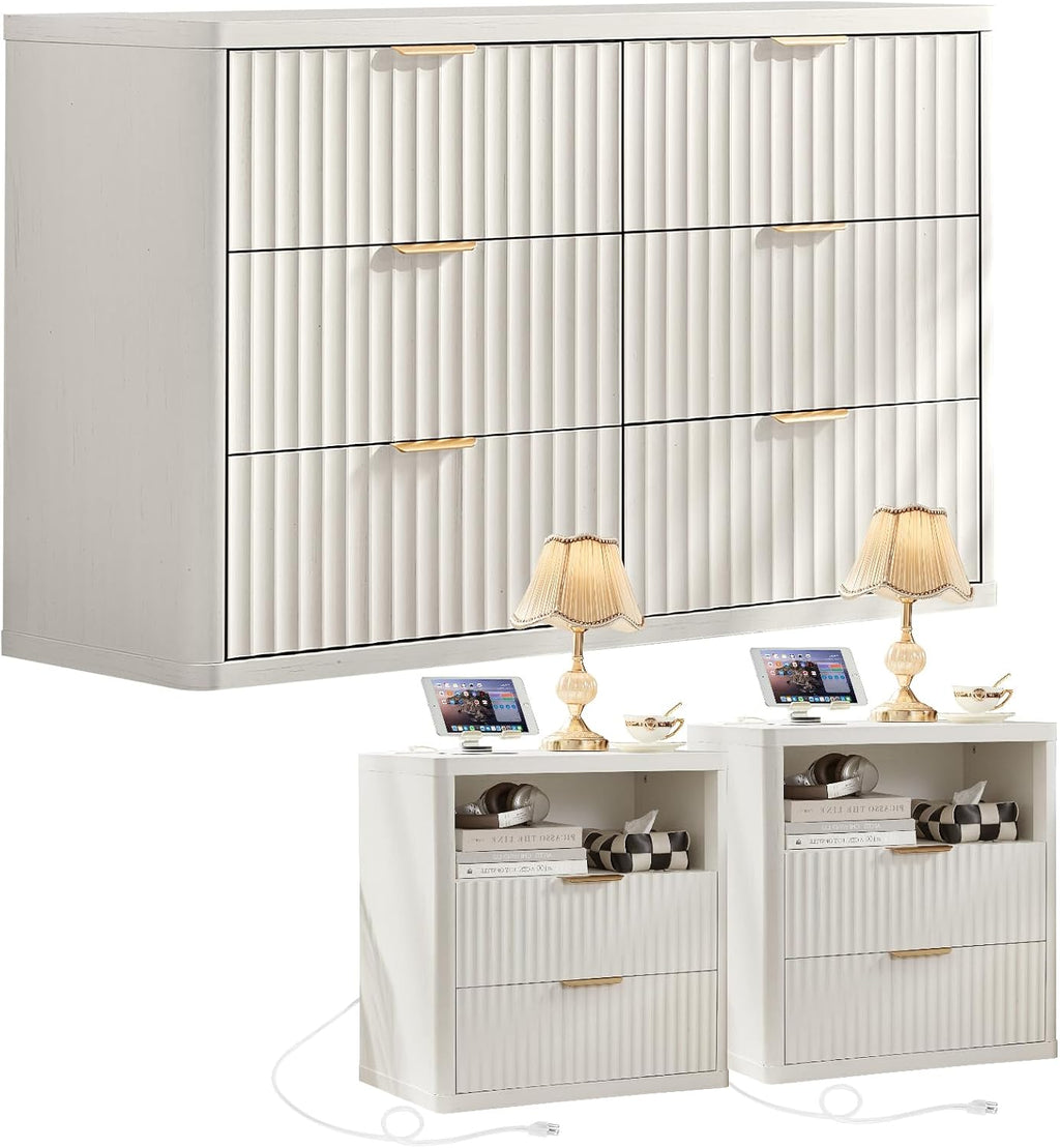 LEYAOYAO Fluted Dresser and 2 Drawers Nightstand Set of 2, Wood 48' Wide Dresser & 23' Night Stand with Charging Station, 3 Piece Bedroom Furniture Set, Chest of Drawers for Living Room,Antique White