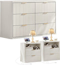 LEYAOYAO Fluted Dresser and 2 Drawers Nightstand Set of 2, Wood 48' Wide Dresser & 23' Night Stand with Charging Station, 3 Piece Bedroom Furniture Set, Chest of Drawers for Living Room,Antique White