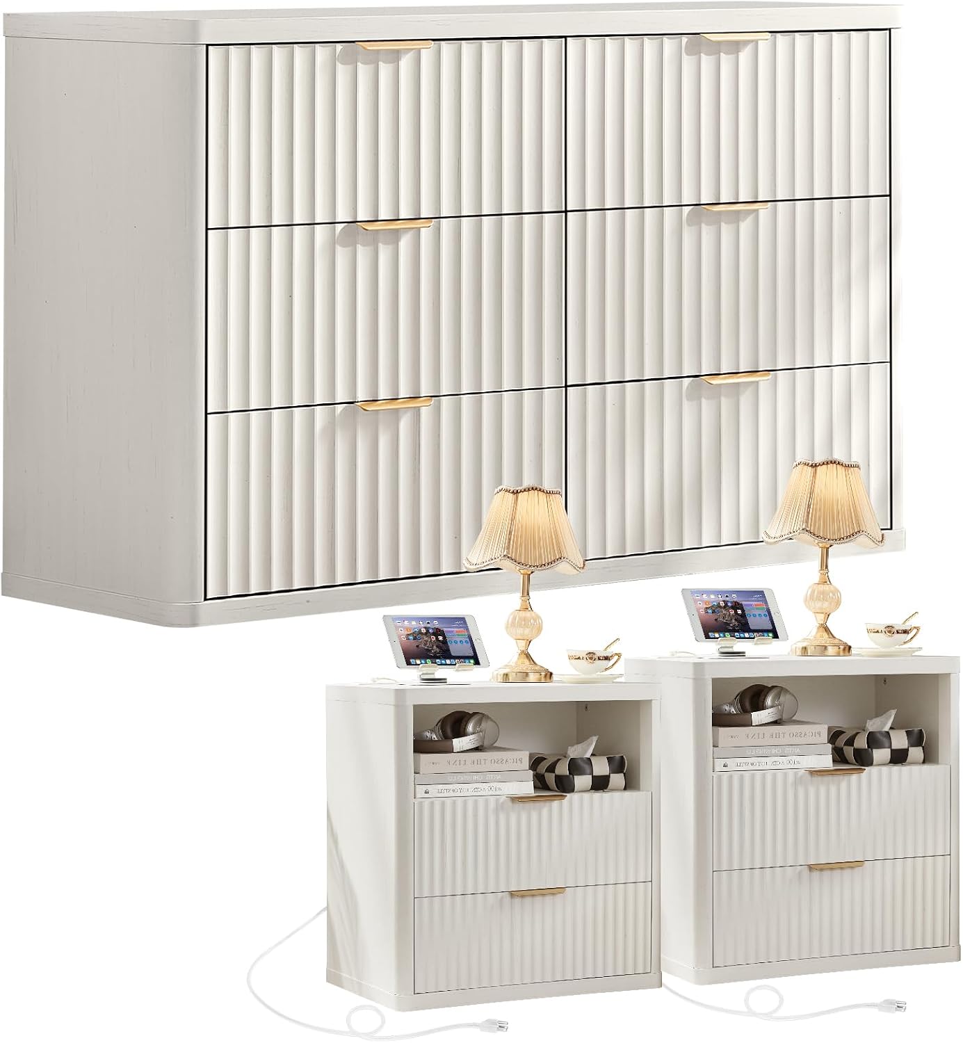 LEYAOYAO Fluted Dresser and 2 Drawers Nightstand Set of 2, Wood 48' Wide Dresser & 23' Night Stand with Charging Station, 3 Piece Bedroom Furniture Set, Chest of Drawers for Living Room,Antique White
