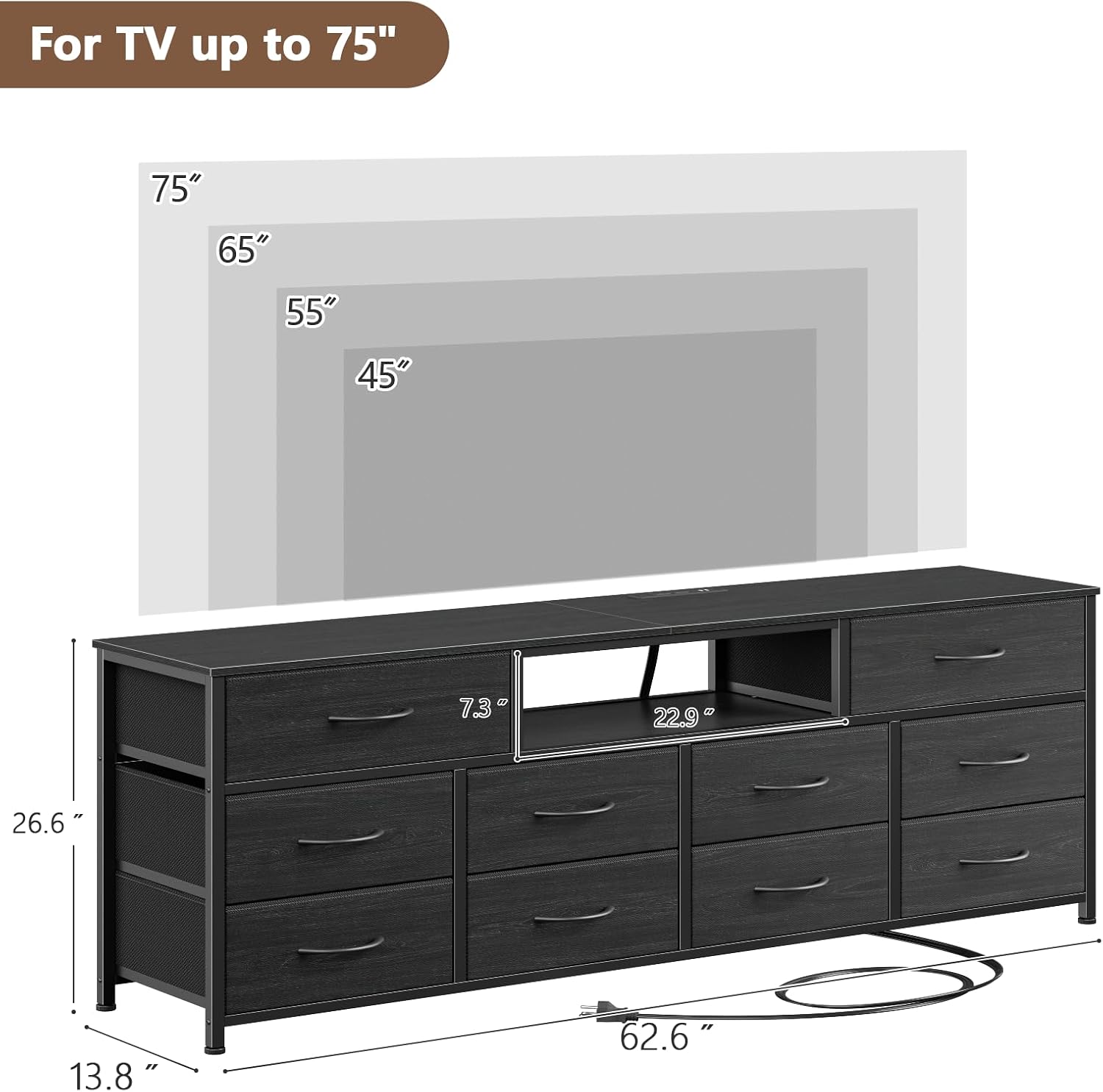 Furnulem 63' Long Dresser for Bedroom, TV Stand for 65 to 75 inch TV, Black Dresser with 10 Fabric Drawers, Chest of Drawer for Closet, Entertainment Center with Power Outlet & LED Light