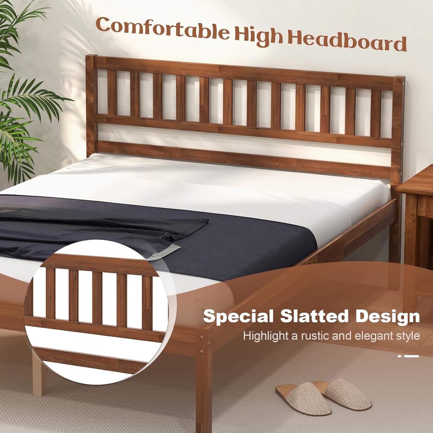 KOMFOTT Full Size Wood Platform Bed Frame with Headboard, 16-Inch Mid-Century Wooden Bed Frame with Slats Support & 12' Under Bed Storage Space, Retro Mattress Foundation, No Box Spring Needed