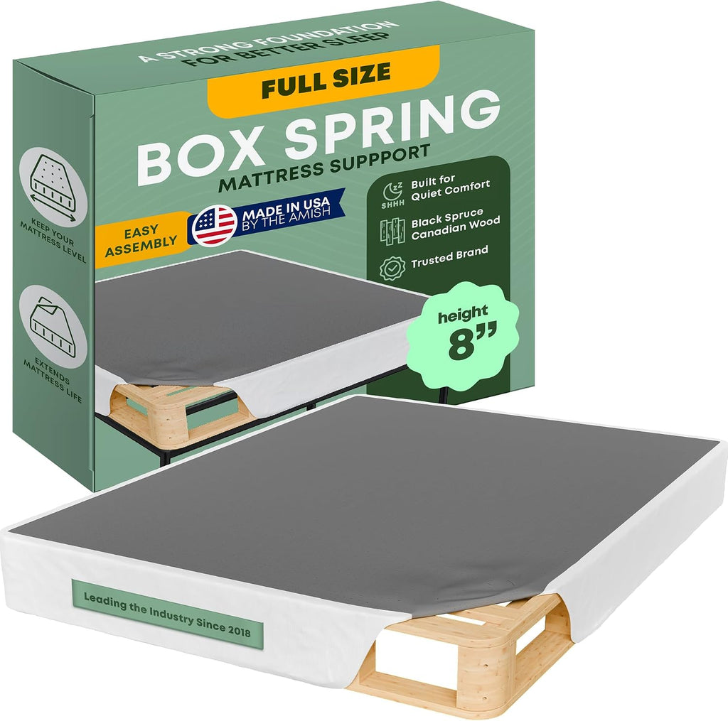 Greaton, 8' Full Size Box Spring Only for Full Size Bed – Amish-Made in the USA – Solid Wood Mattress Foundation with Stable & Quiet Support – Flat-Packed & Easy Assembly – White