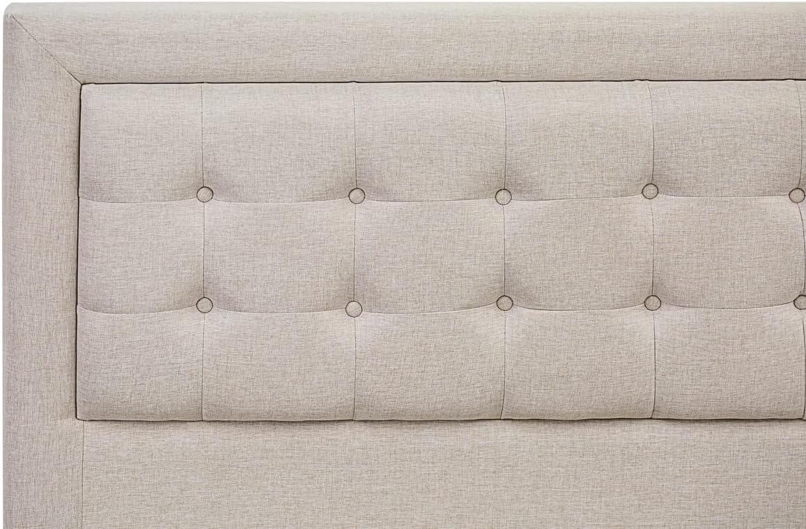East West Furniture FN08K-1DE05 2-Piece Fannin Bedroom Set with 1 Wood Bed Frame and 1 Modern Nightstand - Reliable and Durable Construction - Mist Beige Linen Fabric
