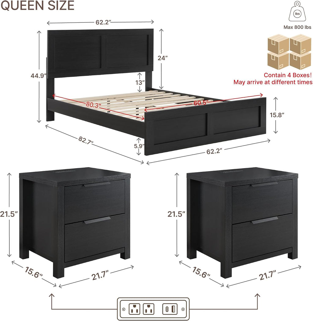 KISLOT 3 Pieces Bedroom Set, Queen Size Wood Platform Bed Frame and 2 Nightstands, Storage Nightstand with Type-C Charging Port, Farmhouse Bedroom Furniture Set