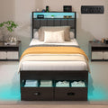 Twin Bed Frames with Storage Drawer, Platform Bed with Charging Station and LED Lights, Upholstered Headboard with 2-Tier Storage Shelves, No Box Spring Needed