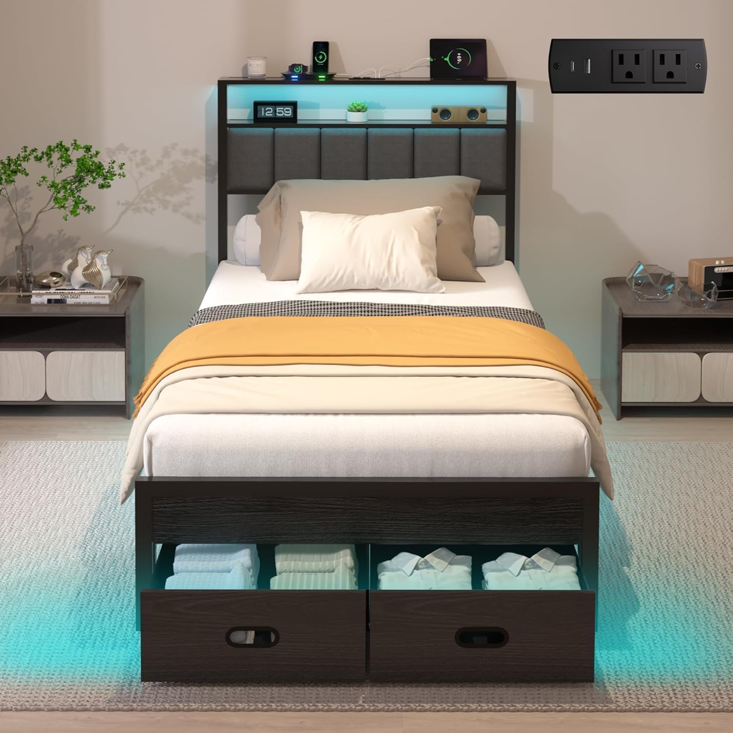 Twin Bed Frames with Storage Drawer, Platform Bed with Charging Station and LED Lights, Upholstered Headboard with 2-Tier Storage Shelves, No Box Spring Needed