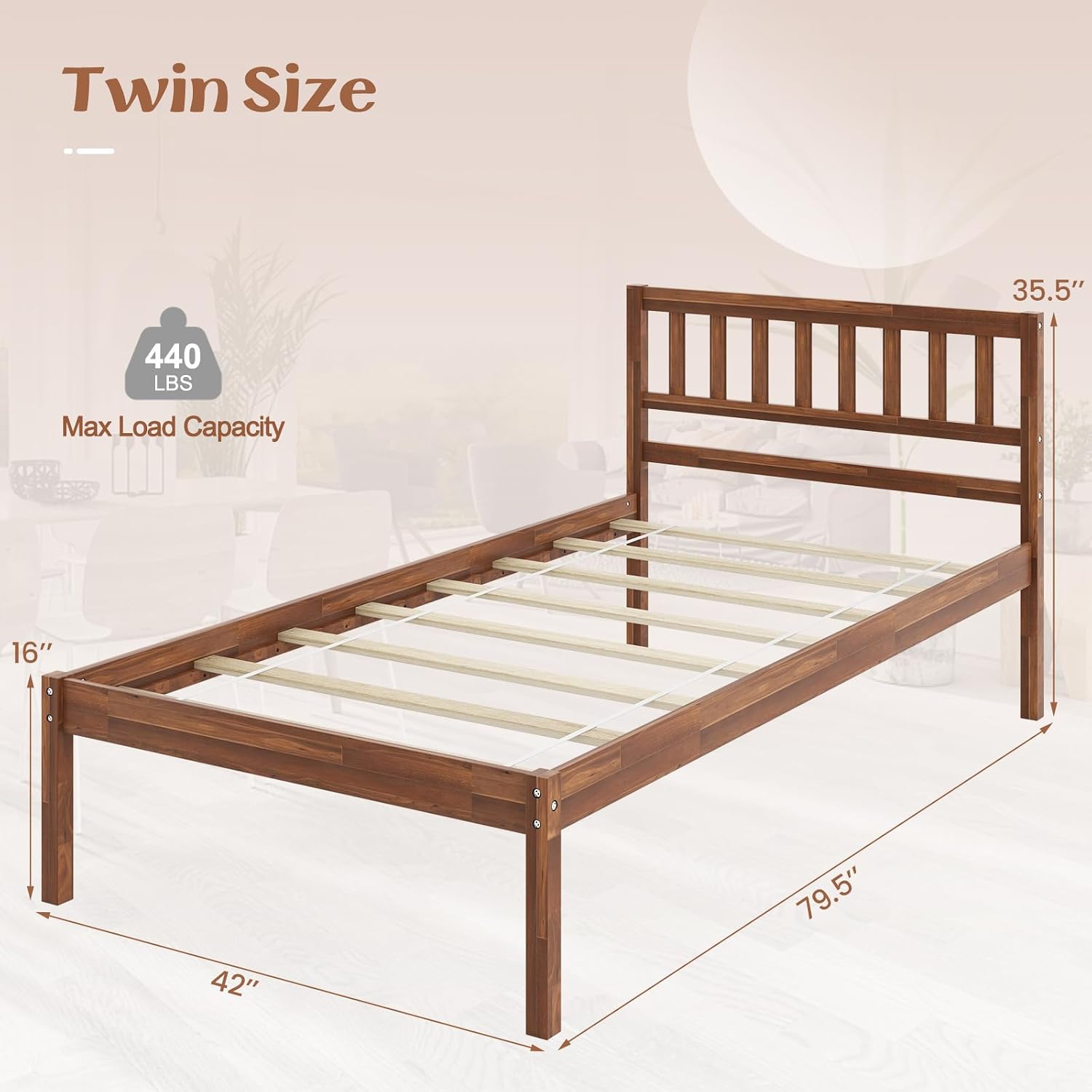 KOMFOTT Twin Size Wood Platform Bed Frame with Headboard, 16-Inch Mid-Century Wooden Bed Frame with Slats Support & 12' Under Bed Storage Space, Retro Mattress Foundation, No Box Spring Needed