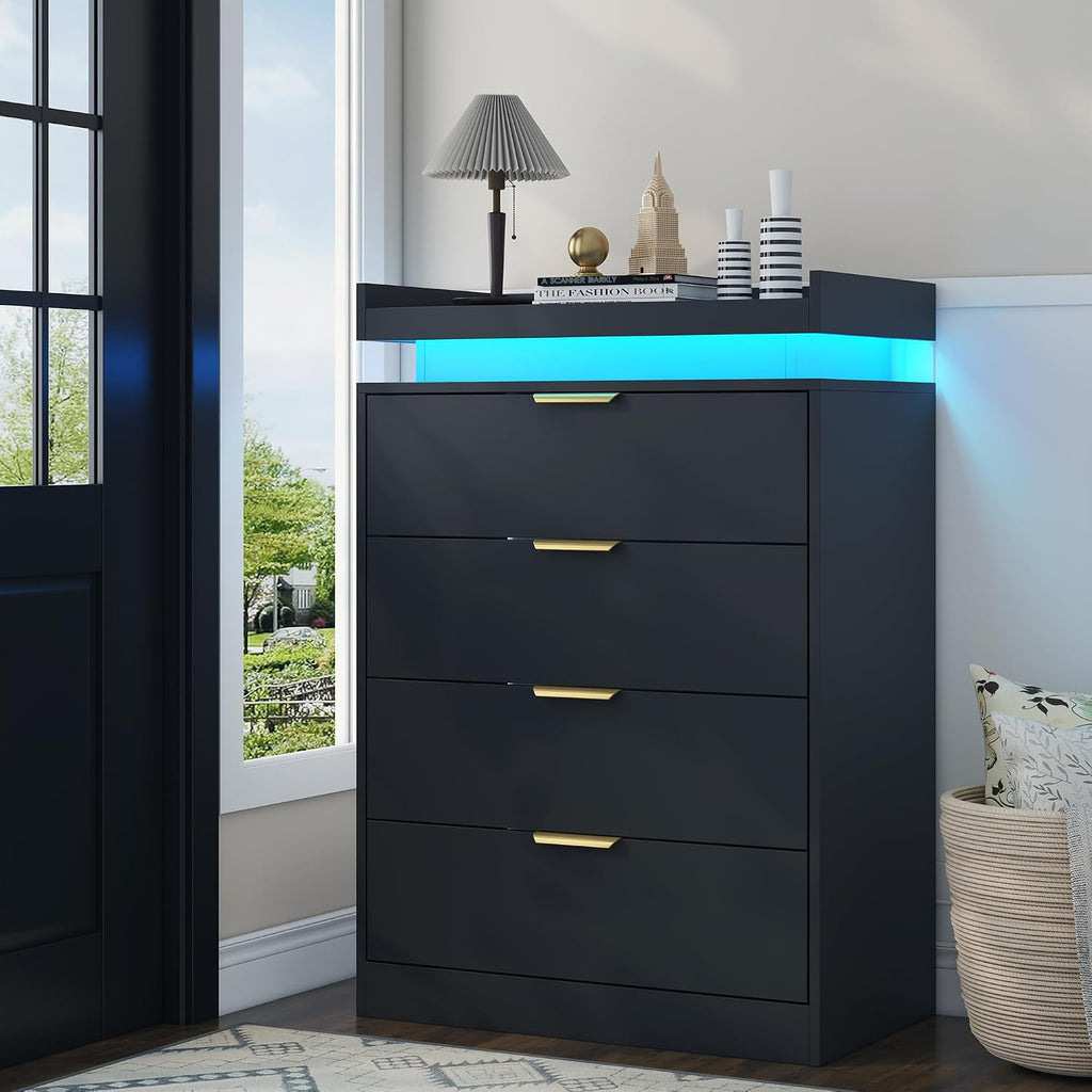 UNIQUITE Black Dresser with LED Lights and Power Outlet, Wooden 4 Drawer Dresser Tall Dresser for Bedroom, Modern Chest of Drawers Closet Organizer for Bedroom, Entryway, Hallway